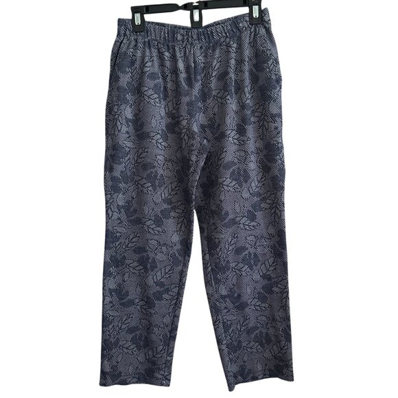 Lands End Sport Knit Straight Leg Pants S  Blue Leaf Pattern Elastic Waist - Picture 1 of 8
